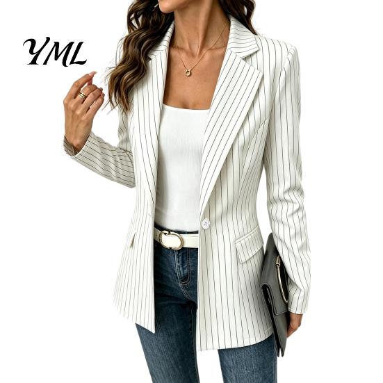 Lady Work Jacket Women Striped Blazer with One Button, Breathable Business Casual Outerwear Jacket, Long Sleeves Notch Lapel Collar Coat for Fall