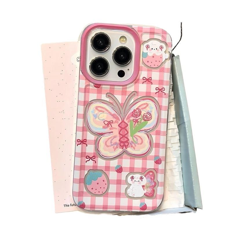 Doodle Suitable for Apple 16pro Butterfly Phone Case Iphone14 Space 15 Cute Pink and White Checkered Protective Case