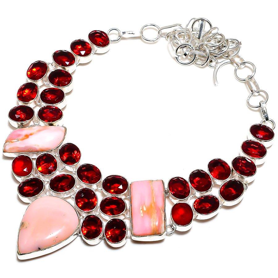 

Pink Opal, Garnet Gemstone 925 Sterling Silver Jewelry Necklace 18 SU-9786