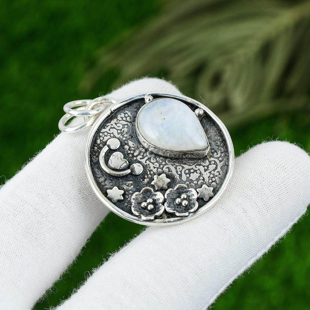 Natural Rainbow Moonstone Gemstone Pendant 925 Sterling Silver Jewelry For Girls
