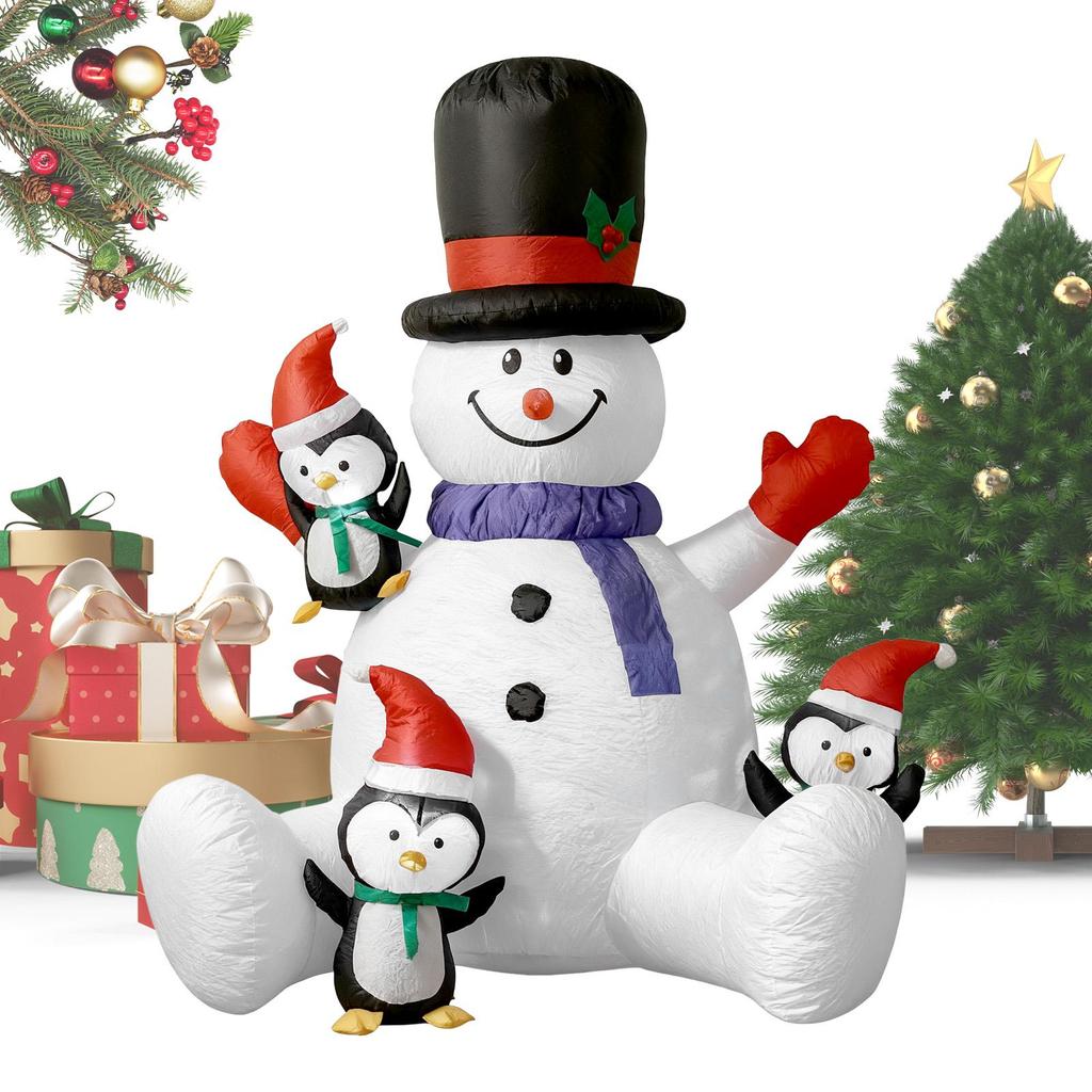 7FT Christmas Inflatable Sitting Snowman Ornament RGB LED Lights With 3 Penguins Christmas Inflatable Outdoor Decoration