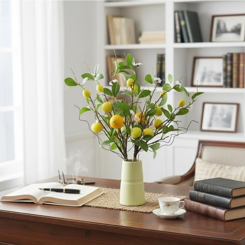 Plastic Artificial Lemon Branch with Flower Green Leaves Simulated Fruit Tree Realistic Faux Lemon Fake Floral Decor