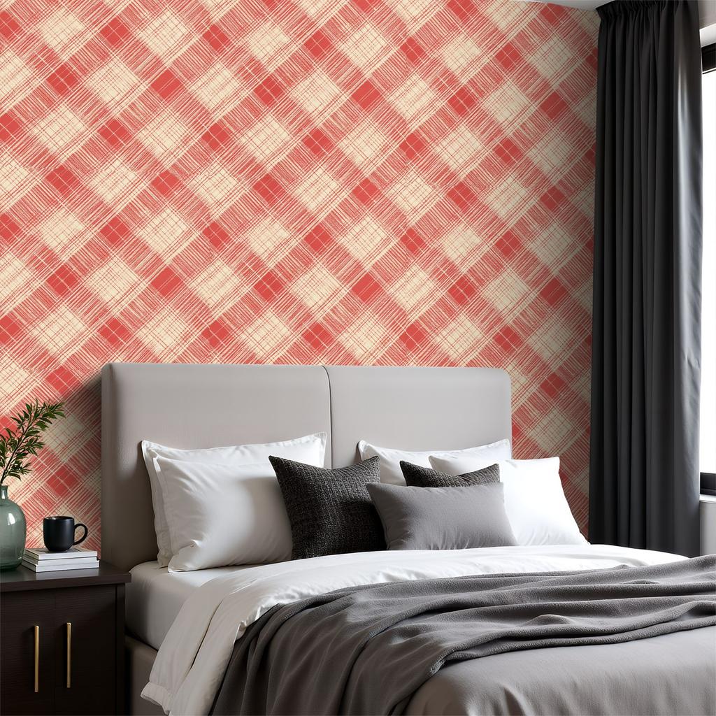 Red Beige Plaid Wallpaper 22.83"X118" Waterproof Wallpaper for Living Room/Bedroom/Bathroom PVC Wall Sticker