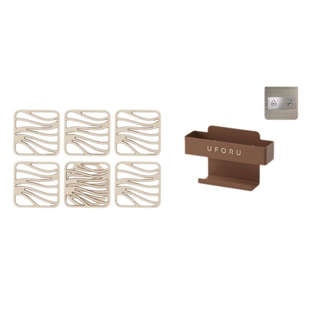 

6Pcs With Storage Rack Placemat Striped Design Coaster Household Insulation Mat Desktop Beige Square with Rack