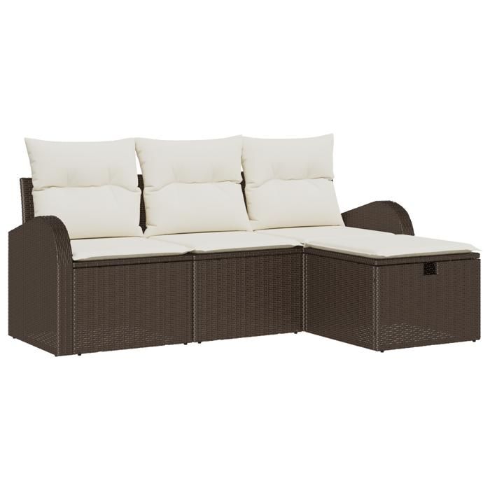 Ensemble de 4 pièces de canapé de jardin avec coussins en rotin poly marron, Canapé de jardin 2 places avec rangement 3360379