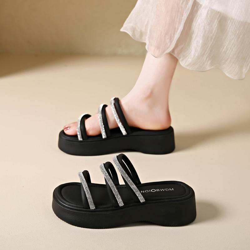 CRLAYDK Womens Platform Sandals Outdoor Summer Leather Casual Slides Rhinestone Strappy Slip On Beach Ladies Walking Slippers