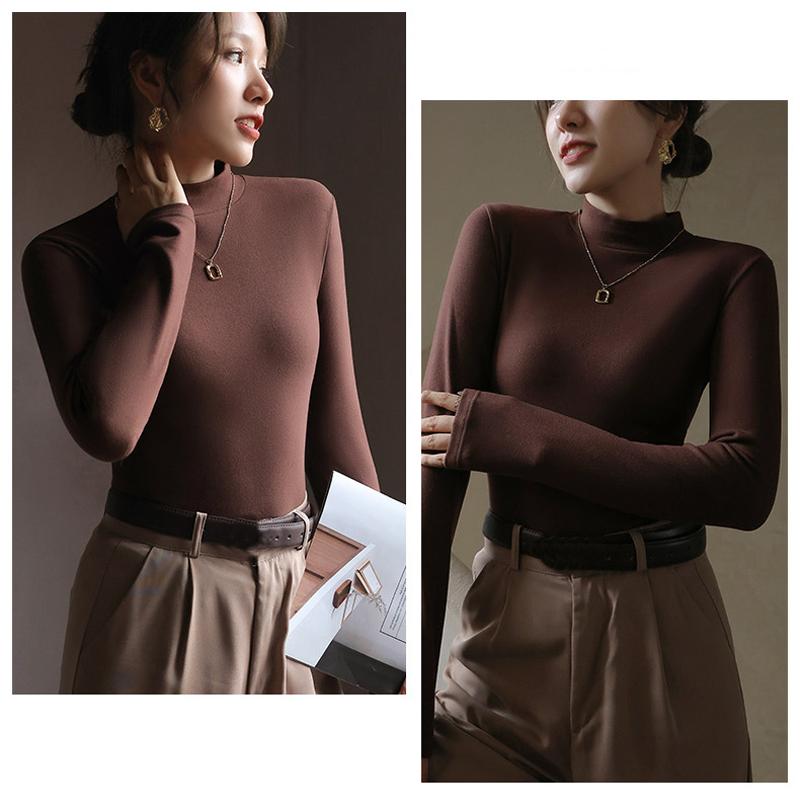 Plus Velvet Bottoming Shirt Women's Autumn Winter Thickened Half-high Collar Long-sleeved Solid Color Pullover Warm Top T-shirt