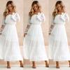 Women's White Chiffon Lace Jacquard Off-Shoulder Evening Gown - Elegant Long Dress for Wedding & Formal Events