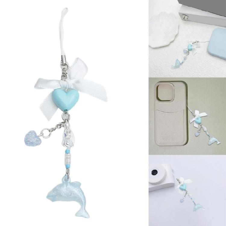 Playful Dolphin Love Bowknot Phone Strap Elegant Dolphin Bowknot Heart Phone Strap Resin Key Rings Charm Camera Pendant