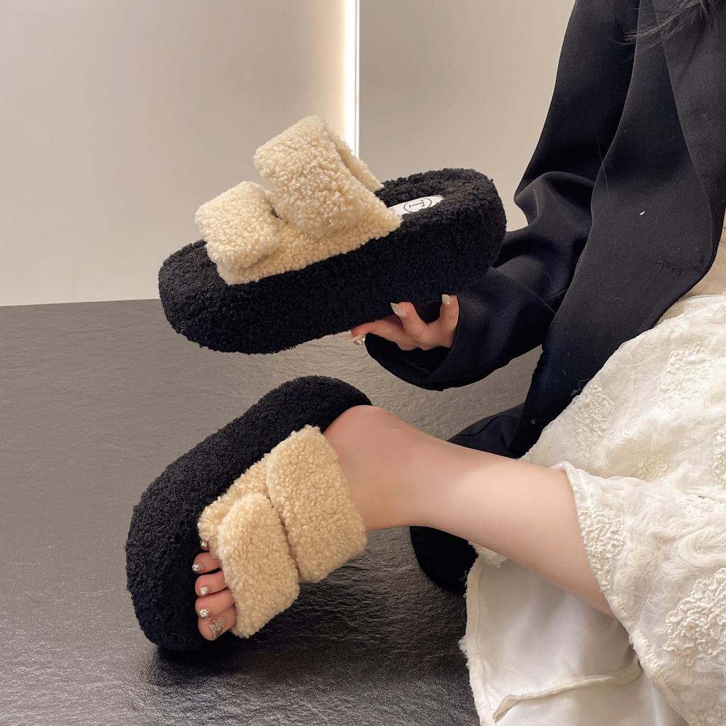 Fashion Women's Home Platform Non-slip Solid Color Fur Slipper Autumn and Winter Fashion Korean Version of Cotton Slippers Zapatos Mujer