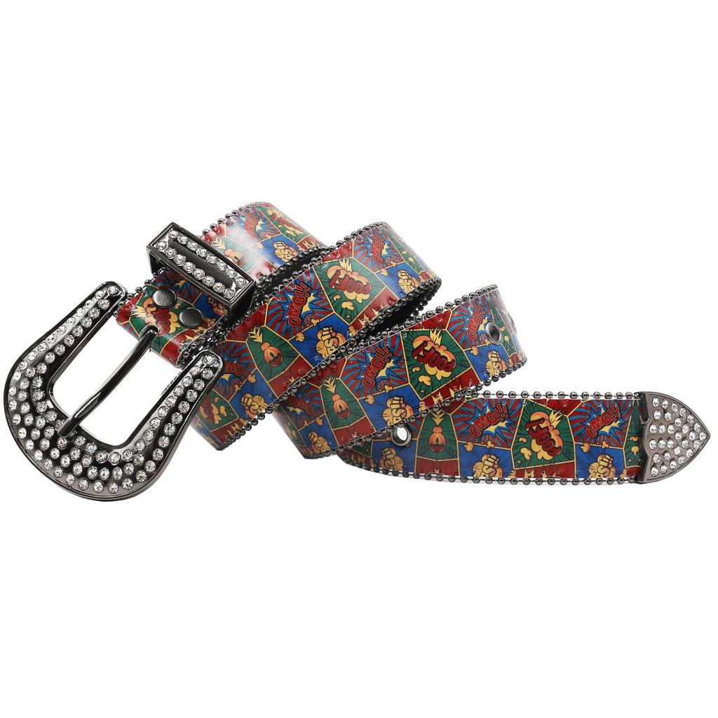 Rhinestone Punk Graffiti Hand-Painted PU Belt - Rock Fashion, European & American Style