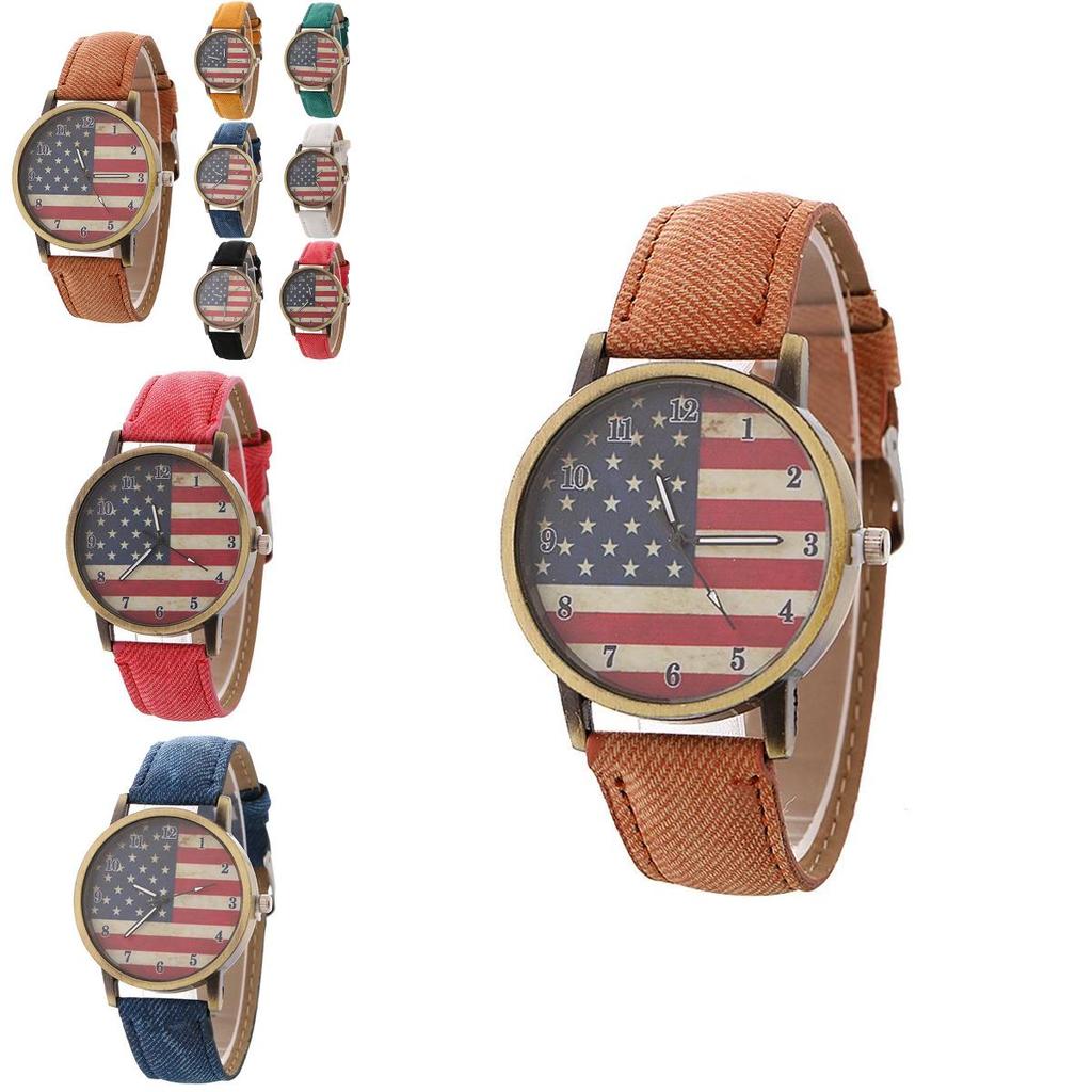 Vintage British Style Quartz Watch With Denim Band And American Flag For Unisex Casual Wear