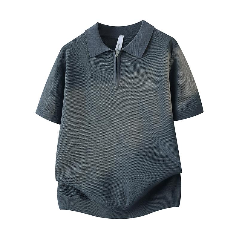 Solid Color Half Zipper Lapel Ice Silk Knitted Sweater POLO Shirt Men's Breathable Thin Short Sleeved T-shirt