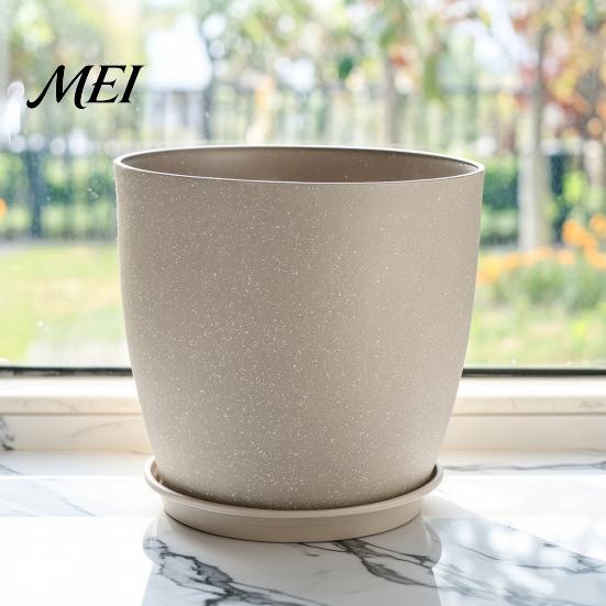 Portable Flower Containers for Patio Modern Plant Pot with Saucer, Gray Outdoor Pots Drainage Holes, Stone-Look Planter Indoor Plants Durable