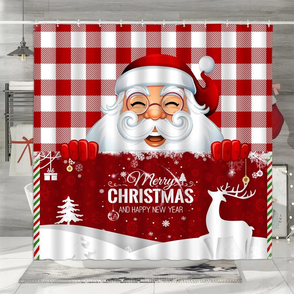 Cortina de Chuveiro de Natal, Boneco de Neve de Inverno Papai Noel Caminhão Rústico Floco de Neve Árvore de Natal Pássaro Vermelho Decoração de Banheiro