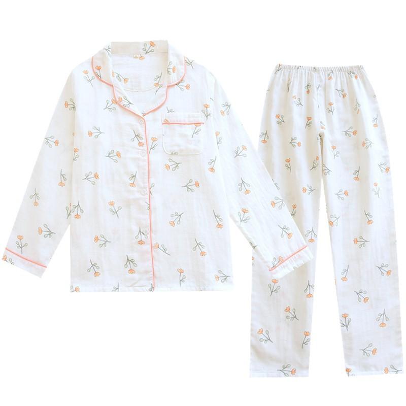 Spring Korean version of small flower gauze pajama set, cotton small fresh cardigan lapel long-sleeved loungewear