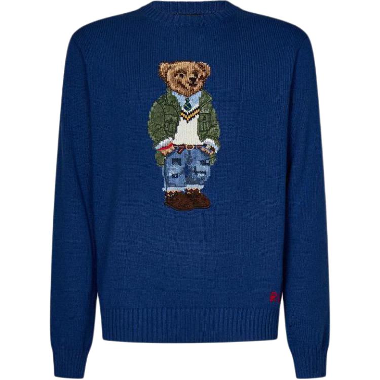 Polo Ralph Lauren Ss24 Round Neck Pullover Cartoon Animal Pattern Embroidered Slim Fit Long Sleeve Sweater Men Sweater Blue 710934020-001