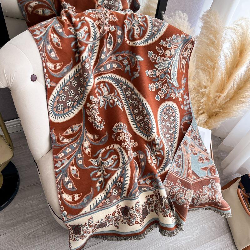 Ethnic Printed Faux Cashmere Scarf Winter Warm Thick Shawl For Women