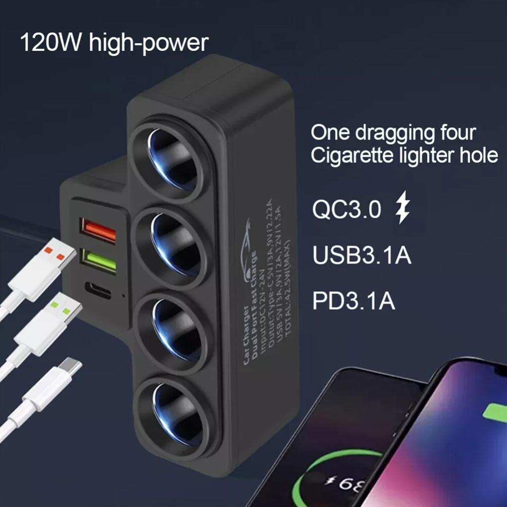 Sturdy And Wear-resistant Car Cigarette Lighter With 4 SlotsPDUSBQC0 Cigarette Lighter Splitter