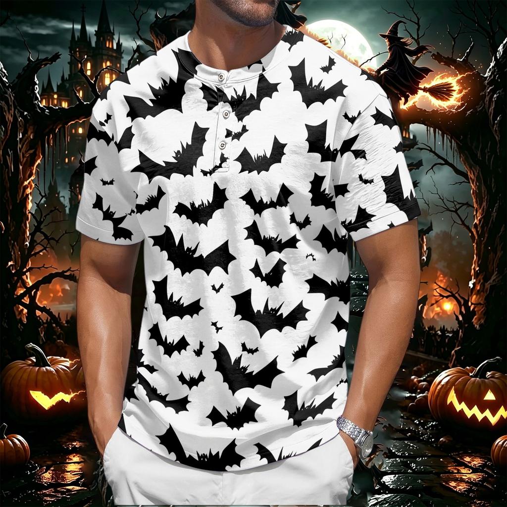 Men's Halloween Print Short Sleeve Henley Shirt Casual Round Neck Button Front Top for Seasonal Festive Wear