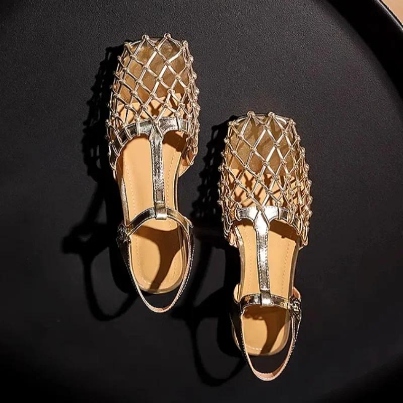 Fashion Women Weave Mesh Sandals Square Toe Low Heels Mules Shoes Open Toe Woman Summer 2025 Trend Dress Chunky Designer Pumps Mujer