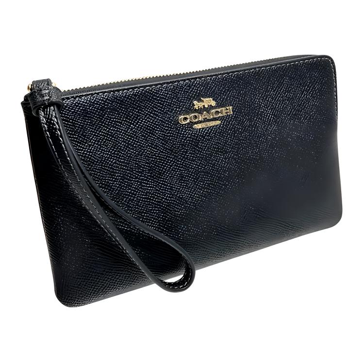Coach Corner Zip Wristlet 20 With Metal Logo Zipper Closure In Crossgrain Leather Women Wristlet Gold Black CV395-IMBLK