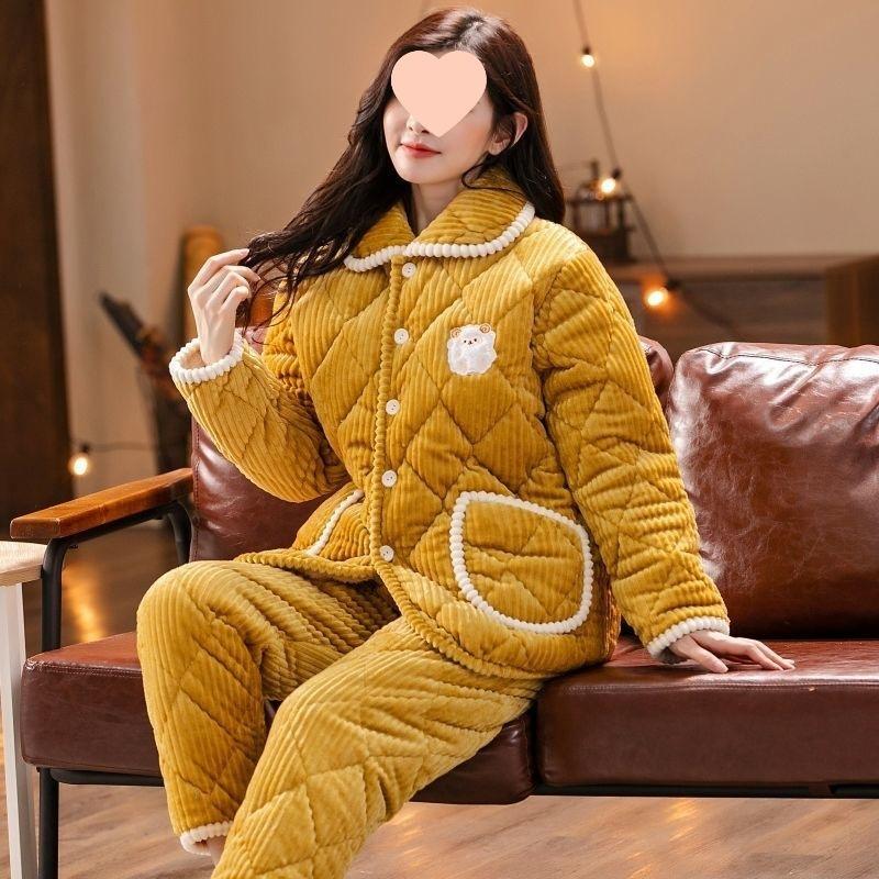 Pajamas women's winter warm winter fleece thickened coral fleece three layers of cotton autumn and winter women's loungewear