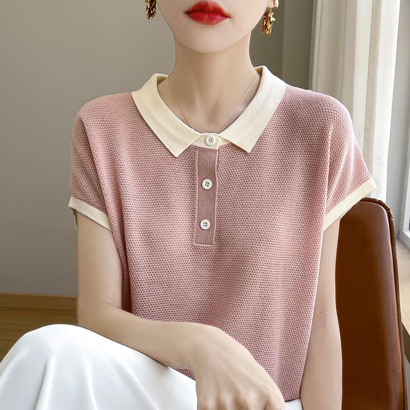 Korean Style Polo Neck Patchwork Short Sleeve Women s Summer Knit Top Medium розовый