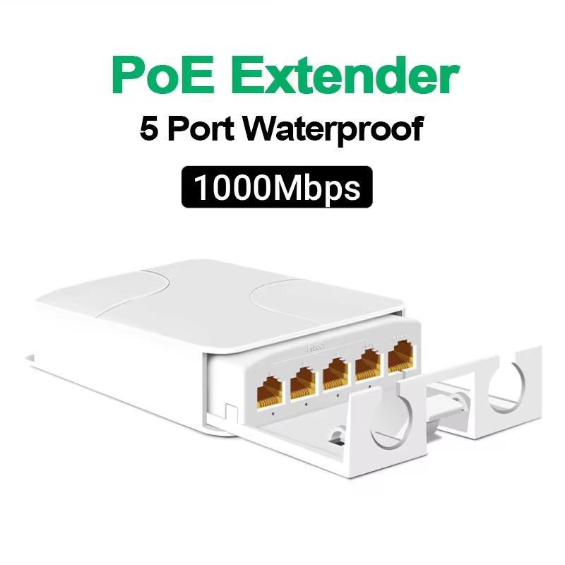 Estensore PoE Impermeabile a 5 Porte con Velocità Gigabit 1000Mbps Trasmissione Stabile per Estensione Rete Telecamere di Sicurezza da Esterno