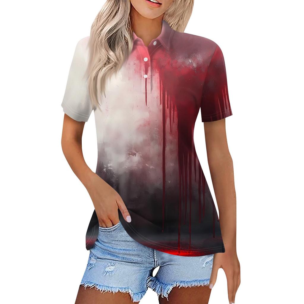 Dámská móda Ležérní klopa Krátký rukáv Halloweenský potisk Košile Dámské zapínací topy