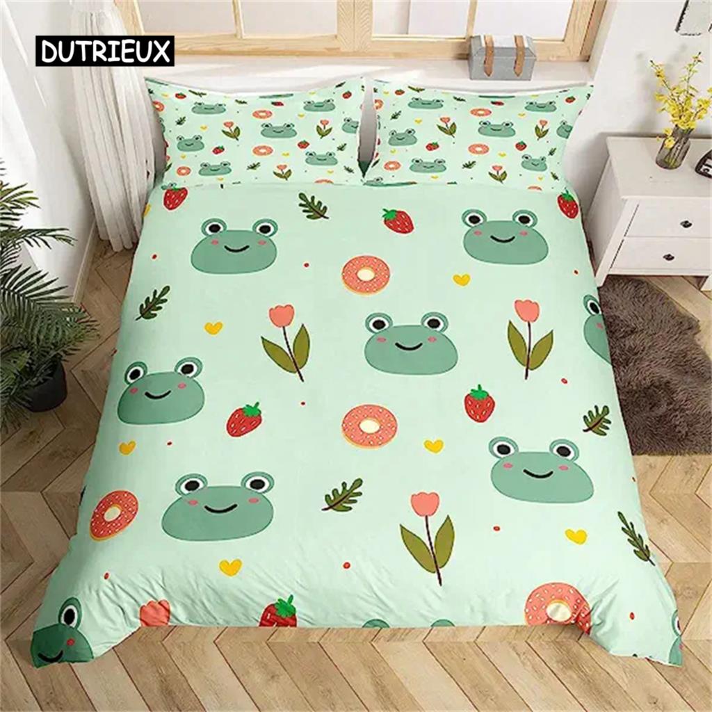 Duvet Cover Cartoon Mushroom Frog Cute Frog Duvet Cover for Kids Boys Girls Natural Wild Fungus Comforter Cover Pink Mushroom