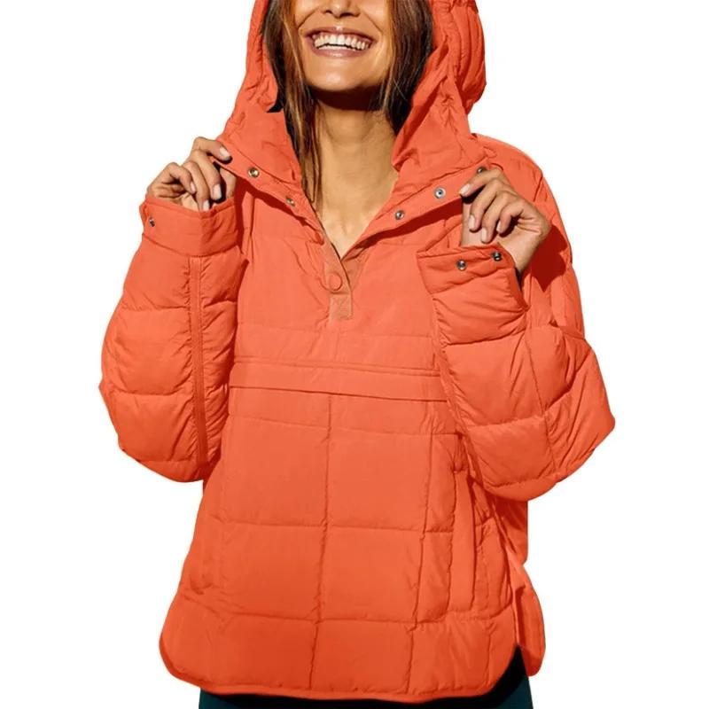 2026 Autumn and Winter Solid Color New Cotton Jacket Loose Long-sleeved Hooded Fashion Coat S оранжевый