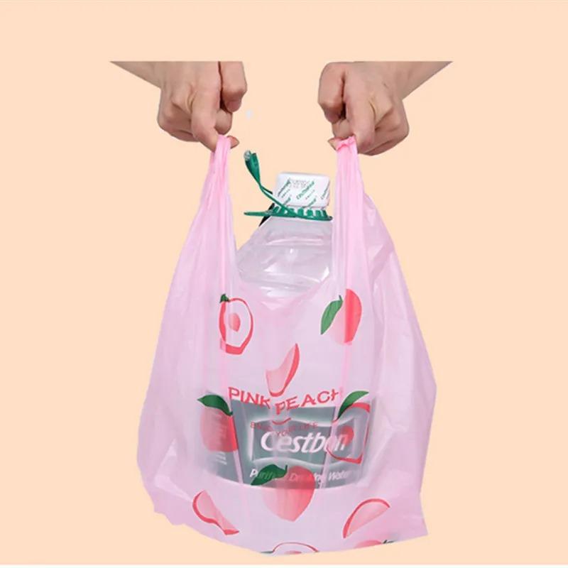 50pcs Disposable Peach Fruit Pattern Hand Bag Packaged Flower Takeaway Bags Snack Double Ear Plastic Vest Handle Shopping Pouch