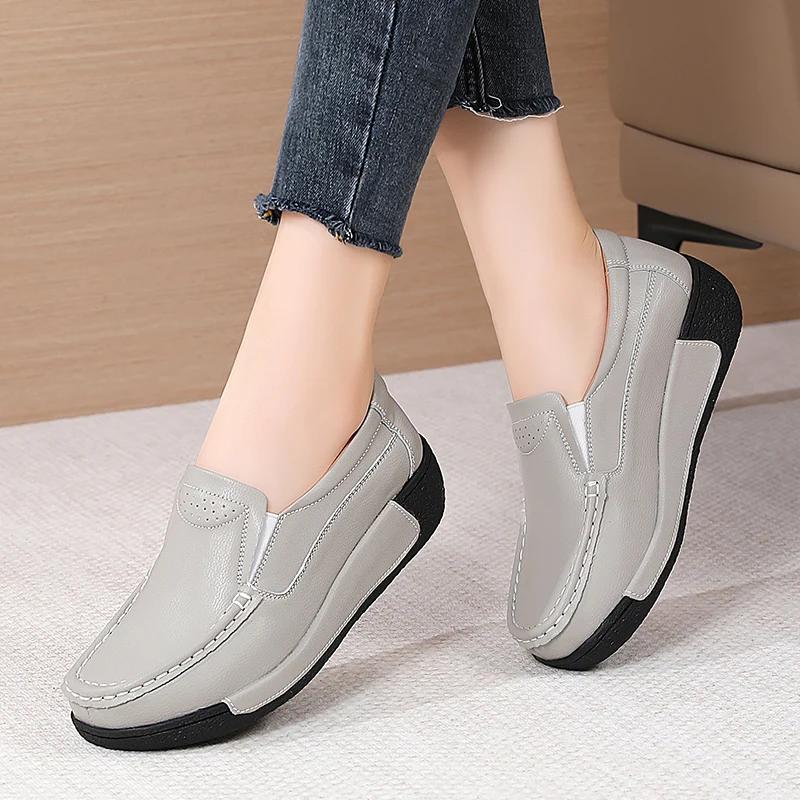 Thick Bottom Wedges Flatform Shoes Ladies Soft Non-Slip Walking Shoes Spring Fashion Genuine Leather Casual Shoes Women Autumn