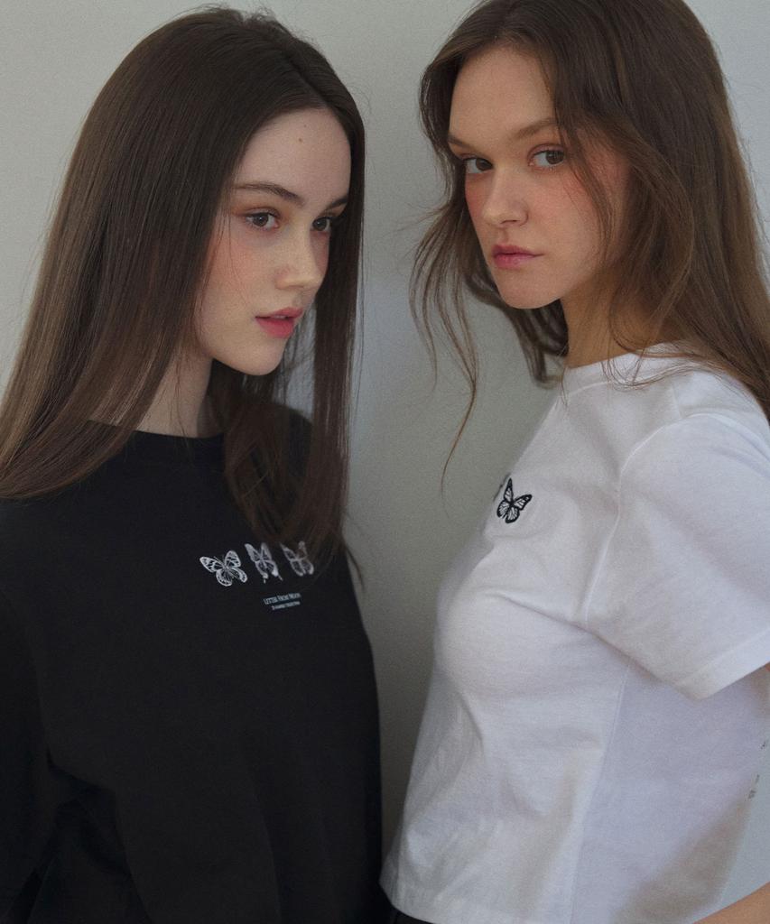 LETTER FROM MOON Triple Butterfly Embroidery Oversized Short Sleeve T-Shirt (Black)