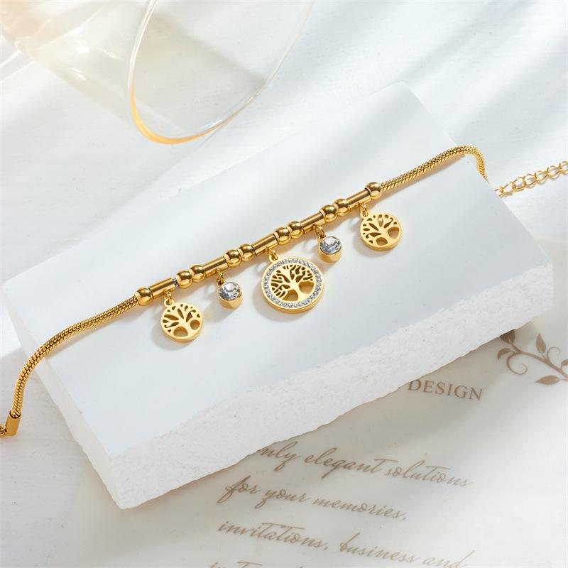 316L Stainless Steel Elegant Gold Color Tree - of - Life Charms Bracelet With Shiny Zircon Stone For Women's Daily Wear