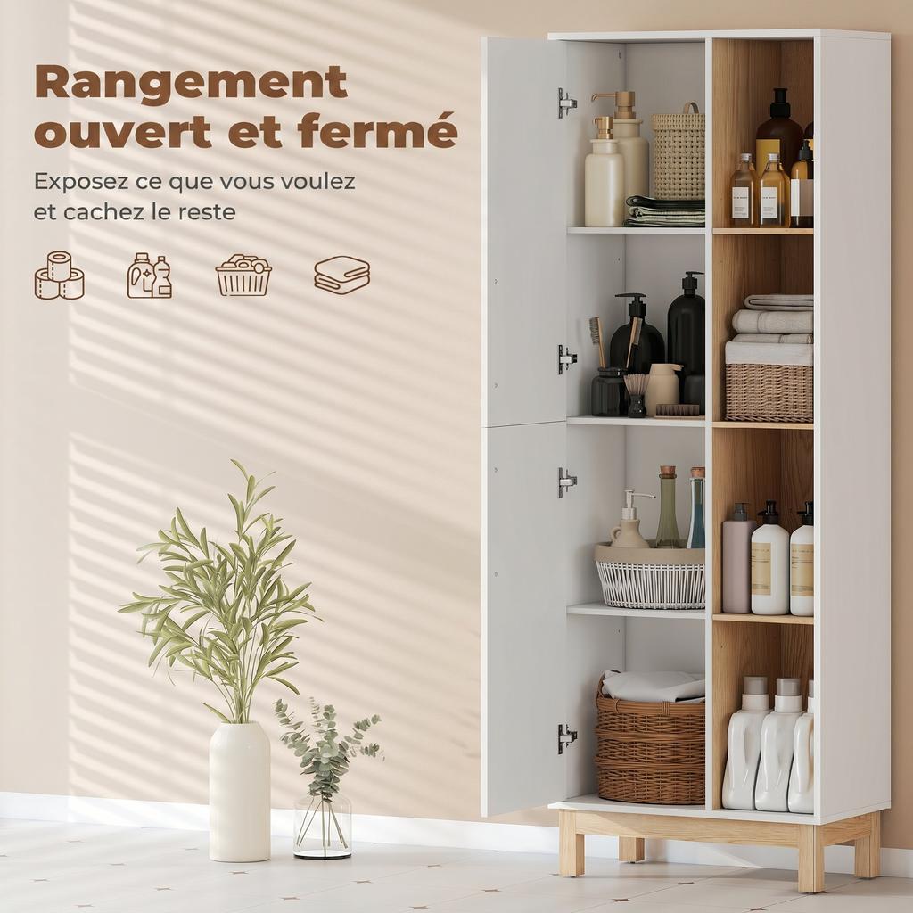 Bathroom Cabinet, 2 Doors, 4 Open Compartments, Adjustable Shelves, White and Natural