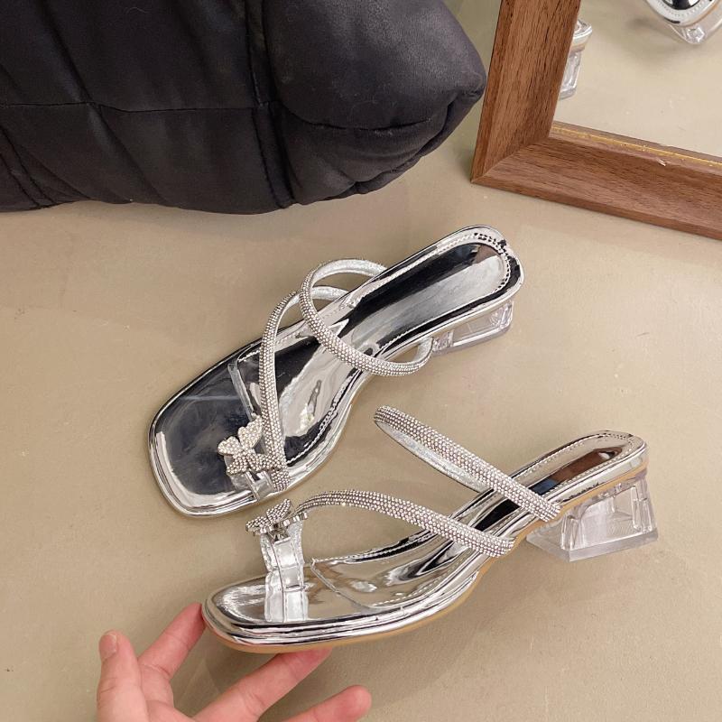 Fashion Women's Medium Heel Slippers Toe Clip Bow Rhinestones Square Toe Shoes Women Dress Square Heel Fairy Style Zapatillas De Mujer