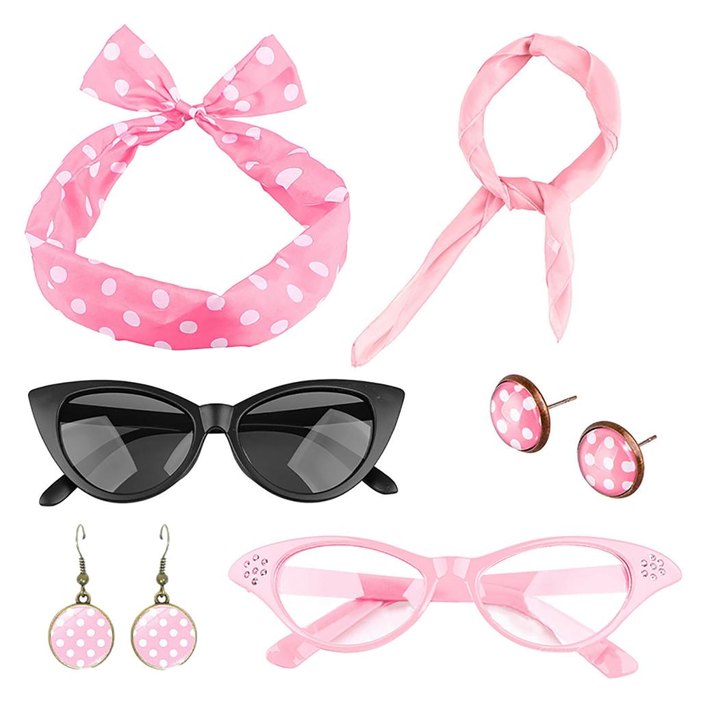 50s Women Costume Accessories Scarf Eye Glasses Headband Earrings Set For 50's Halloween Party