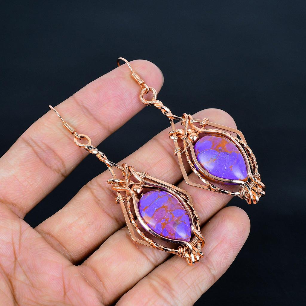 Purple Copper Turquoise Earrings, 999 Copper Wire Wrapped Jewelry, Gemstone Earrings, Gift For Her Handmade Dainty Jewelry