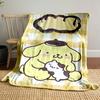 Yellow checkered background with a cartoon dog holding a smaller animal. for all seasons blanket lunch break throw gift