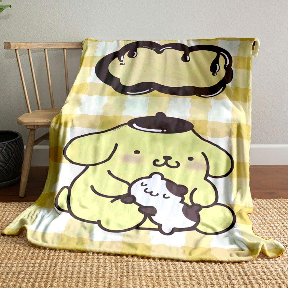 Yellow checkered background with a cartoon dog holding a smaller animal. for all seasons blanket lunch break throw gift