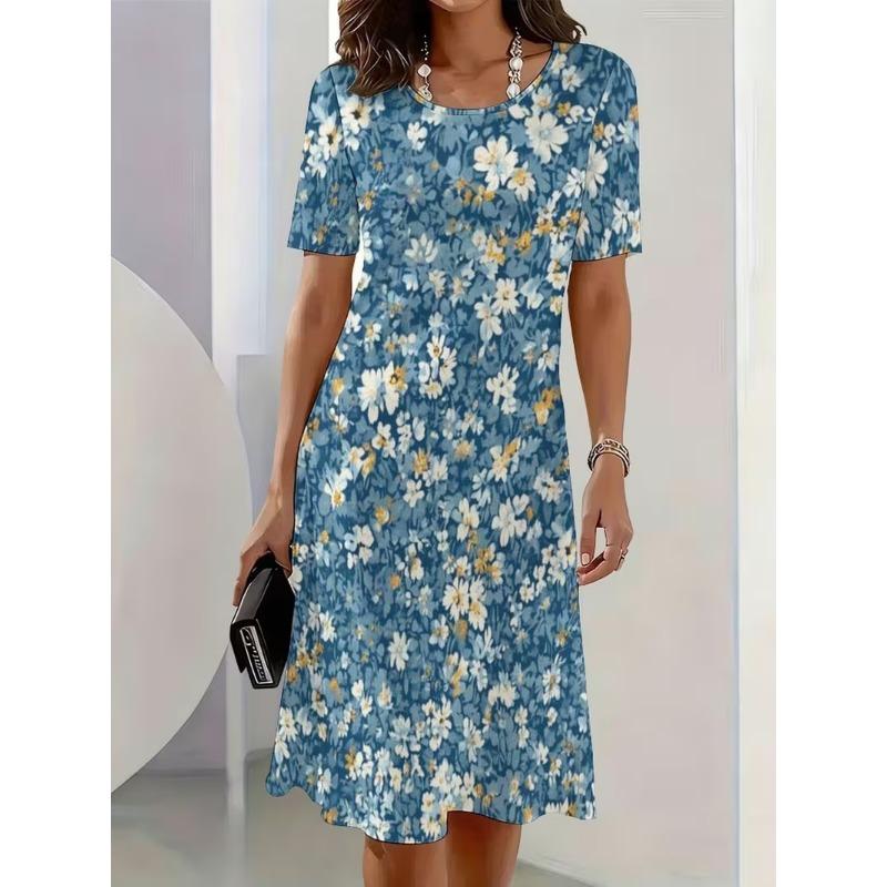 Women's Bohemian Floral 3D Print A-Line Dress with Short Sleeves Vibrant Multicolor Flower Pattern Female Clothing Casual Dress