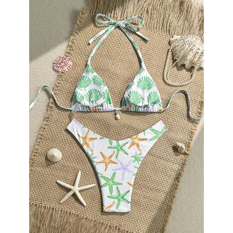 New Sexy Lace Up Neck Starfish Print Set Swimsuit Bikini Low Waist Bikinis Swimwear Beach Swimsuit Swimwear