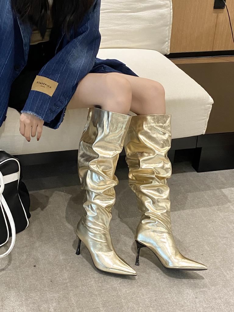 High-heeled Sleeve Pleated Piled Boots Women's 2025 Autumn and Winter Sexy Pointed Thin Heels High But Knee-long Boots