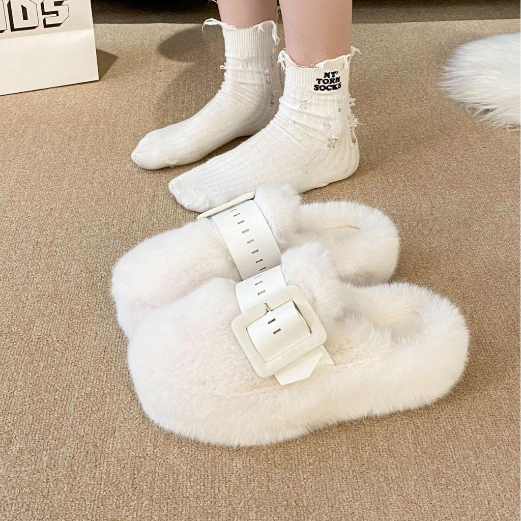 Baotou half slippers women's wear 2025 autumn and winter new Internet celebrity muffin thick bottom fluffy slippers foreign style warm cotton mop