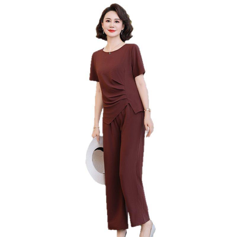 Summer Style Ice Silk Two-Piece Set: Short Sleeve Top and Casual Pants for Moms