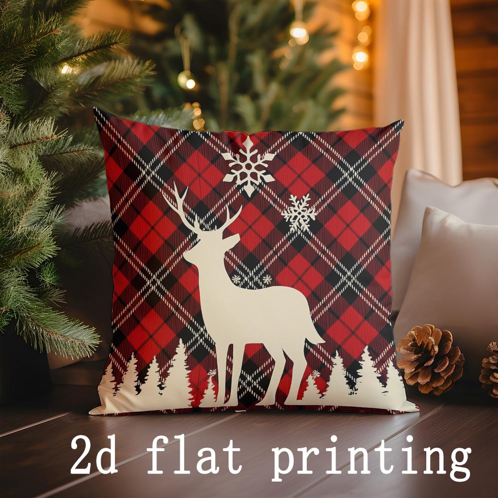 

Home Decor Christmas Plaid Pillowcases with Deer & Snowflakes Pattern Cushion Cover Suitable for Sofa Bedroom Car Pillow Cover 16x16Inch