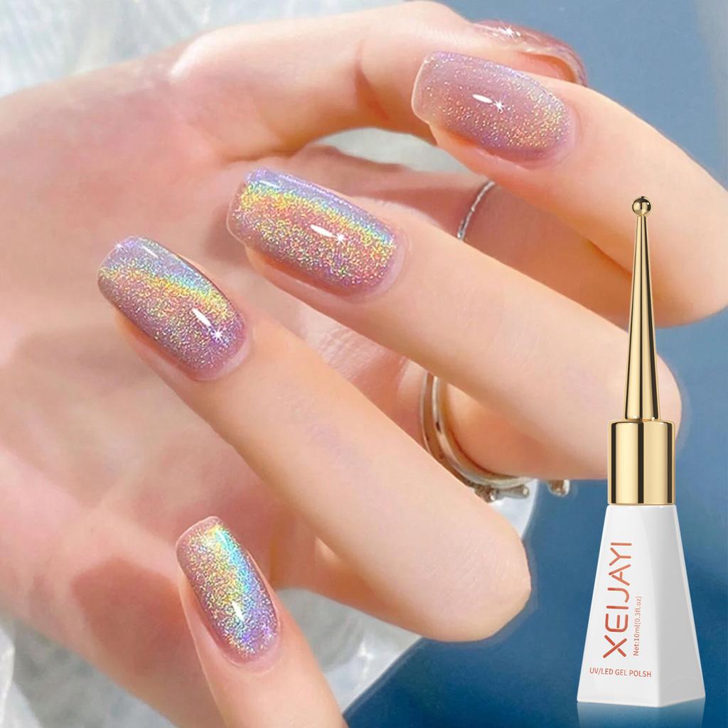 Rainbow Cat Eye Gel Nail Polish - Multi-Color Chrome Holographic Magnetic Gel, High Glitter Flash for Professional Salon & DIY Home Manicure