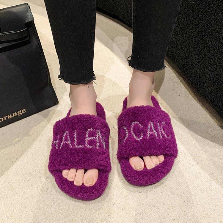 Europeiska nya skor i lammull strass bokstav ord sandaler platta skor bär varma tofflor
